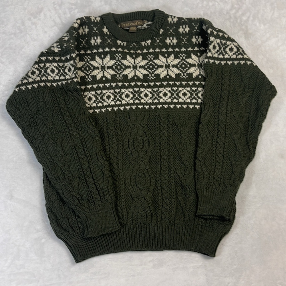 Inis Crafts Merino Wool Sweater Mens Size M Green Fair Isle Cable Knit Ireland